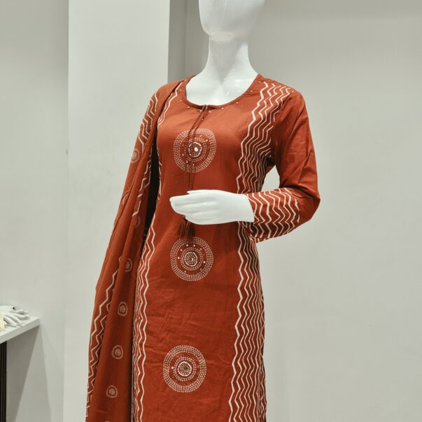 Rust Orange Printed Kurta Palazzo Set with Dupatta