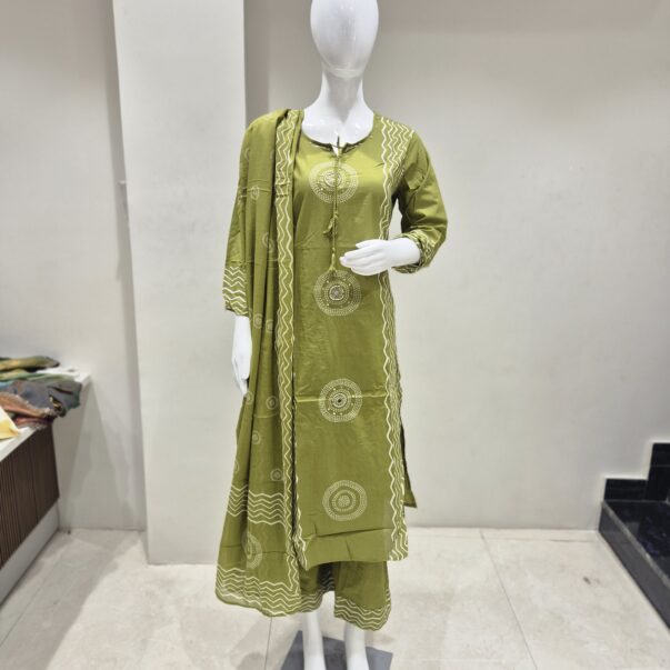 Olive Green Printed Kurta Palazzo Set with Dupatta