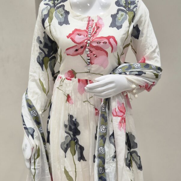 White Floral Printed Anarkali Kurta Set with Palazzo