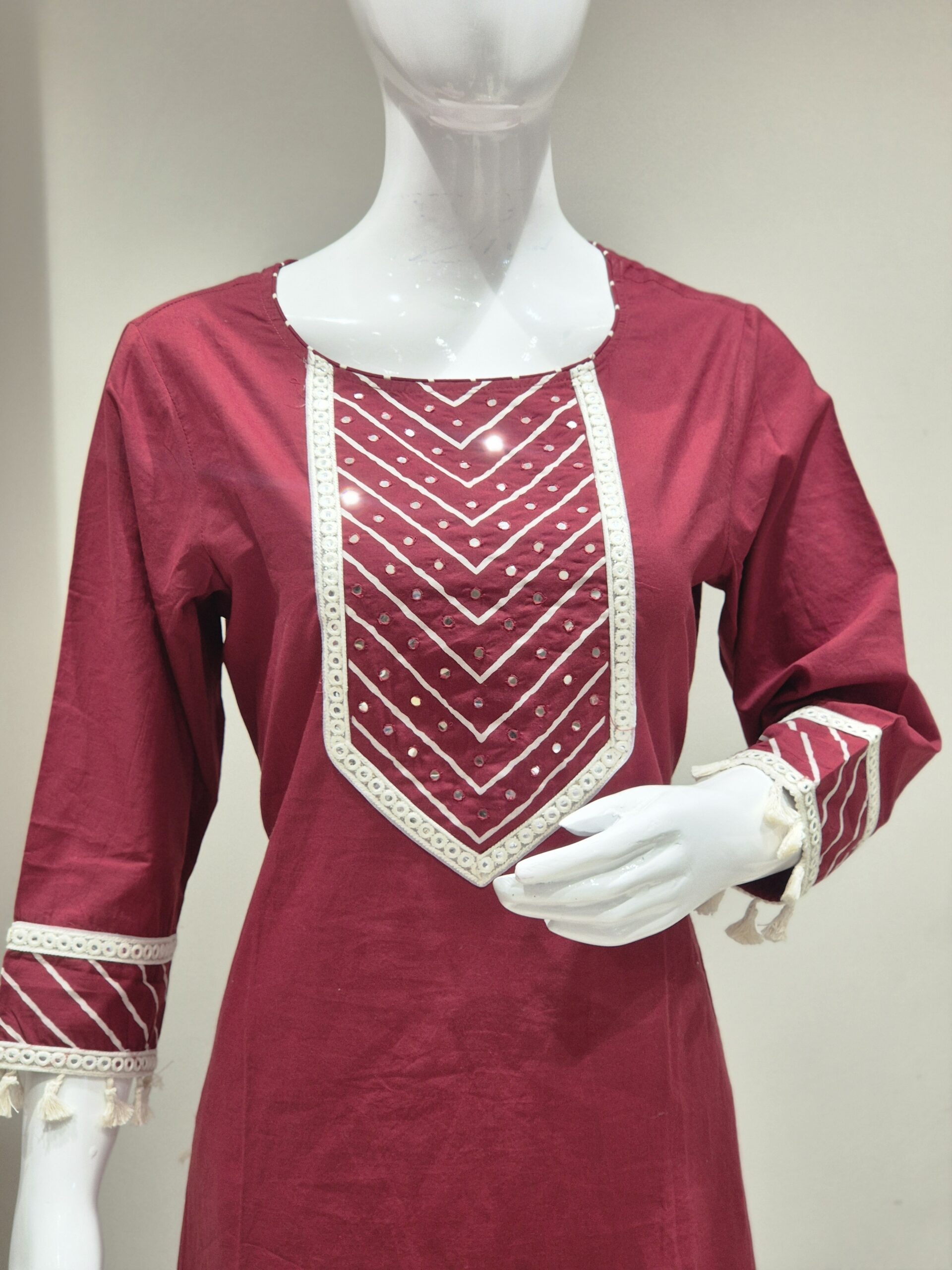 Maroon Mirror Work Straight Kurta for Women - Image 2