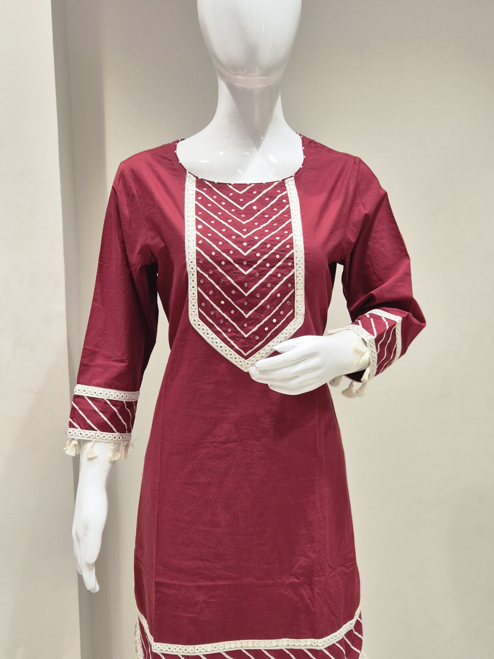 Maroon Mirror Work Straight Kurta for Women - Image 3