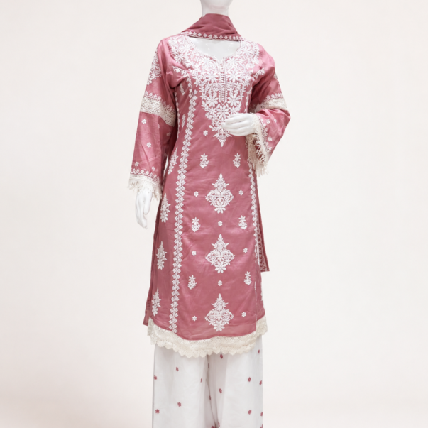 Women's Blush Pink Embroidered Kurta Palazzo Set with Dupatta
