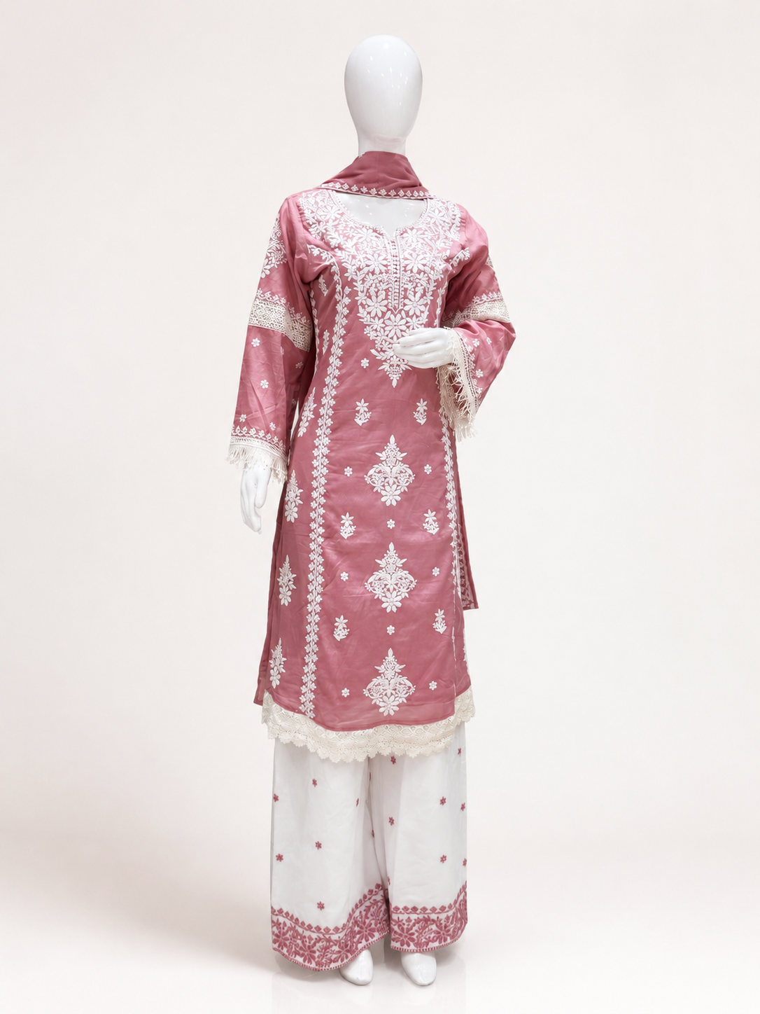 Women's Blush Pink Embroidered Kurta Palazzo Set with Dupatta