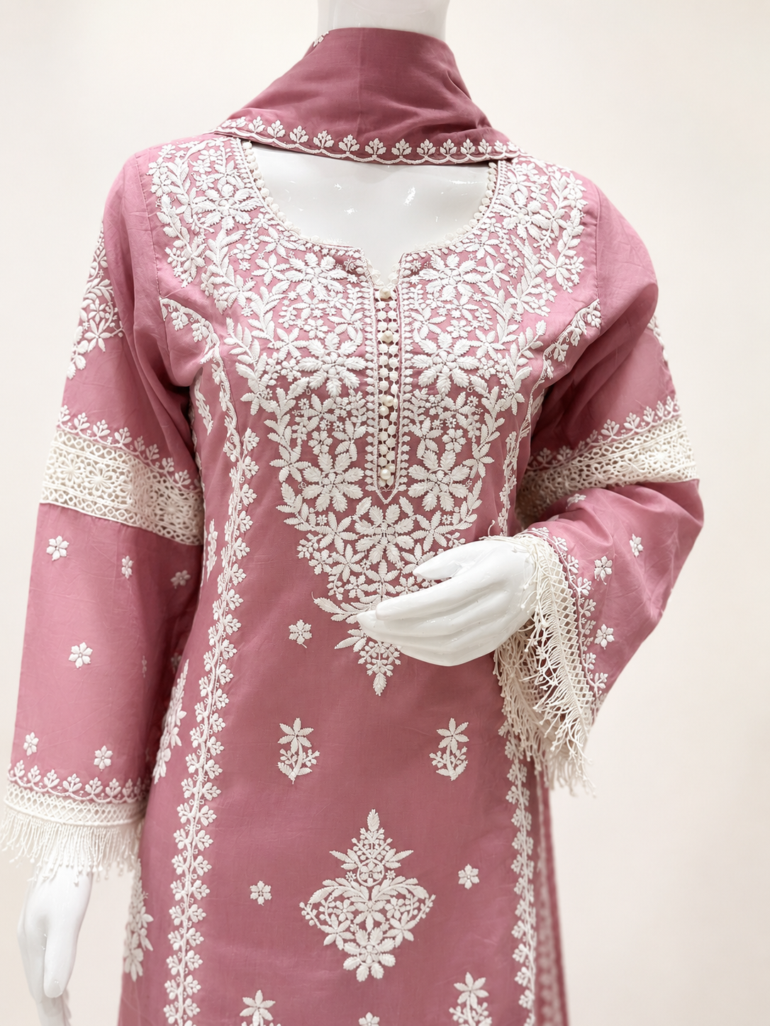 Women's Blush Pink Embroidered Kurta Palazzo Set with Dupatta - Image 3