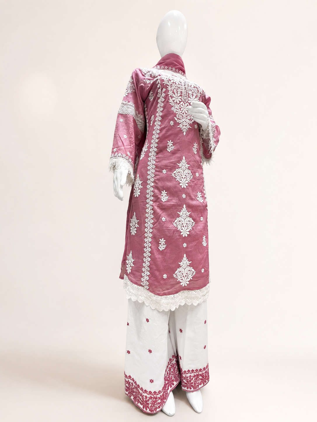 Women's Blush Pink Embroidered Kurta Palazzo Set with Dupatta - Image 6