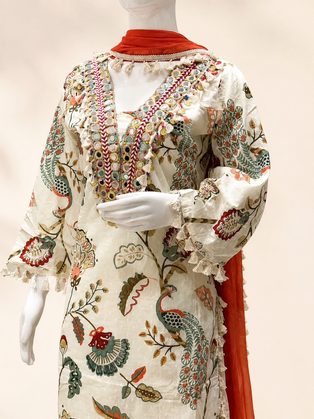 Elegant Ivory Printed Kurta Palazzo Set with Embroidered Neck & Dupatta - Image 3