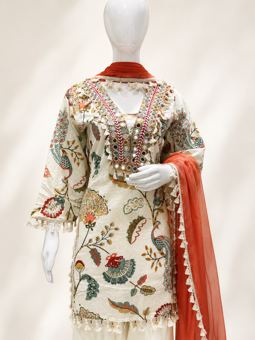 Elegant Ivory Printed Kurta Palazzo Set with Embroidered Neck & Dupatta - Image 4