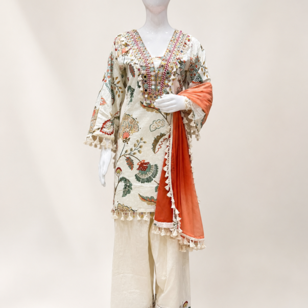 Elegant Ivory Printed Kurta Palazzo Set with Embroidered Neck & Dupatta