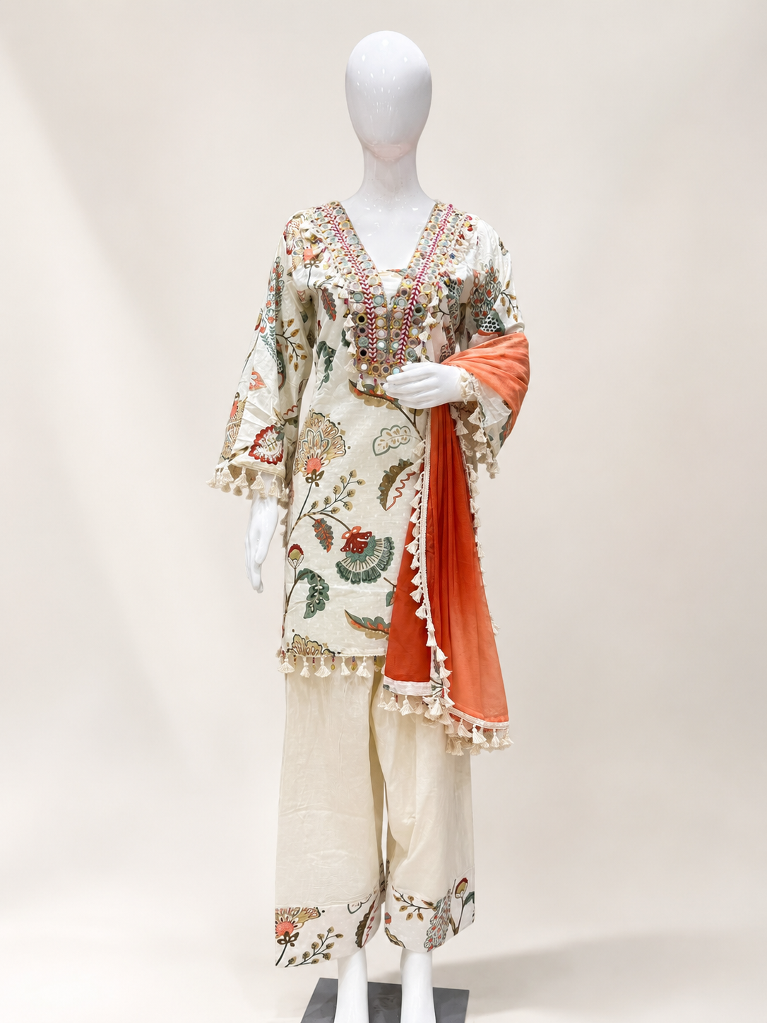 Elegant Ivory Printed Kurta Palazzo Set with Embroidered Neck & Dupatta