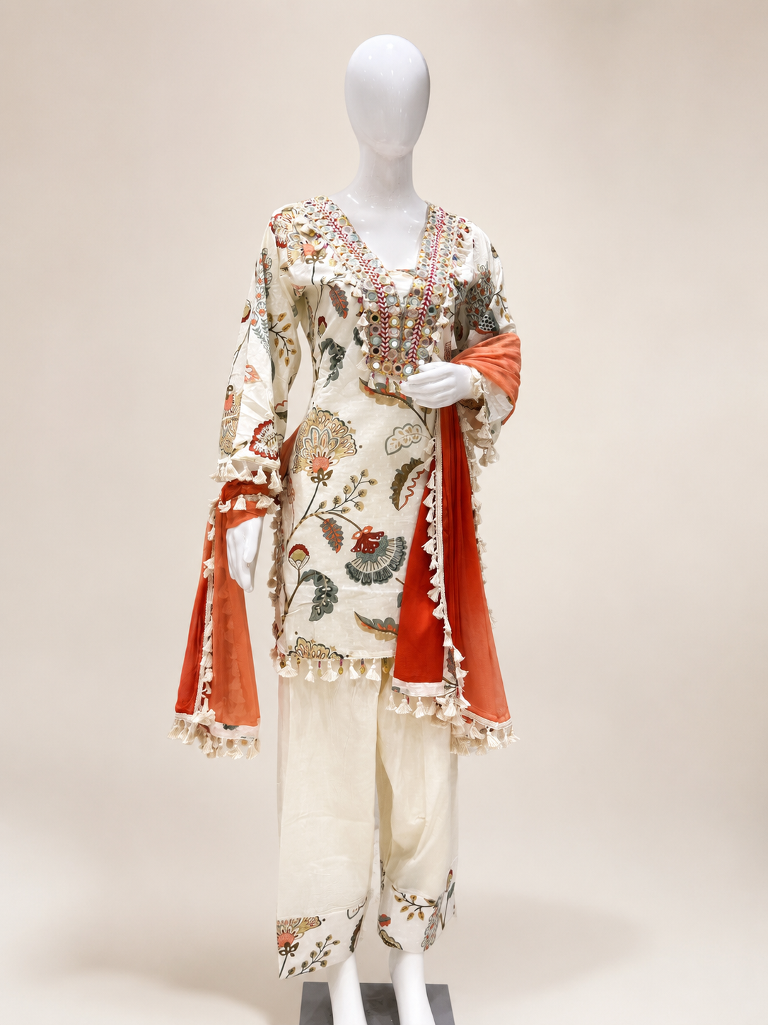 Elegant Ivory Printed Kurta Palazzo Set with Embroidered Neck & Dupatta - Image 5