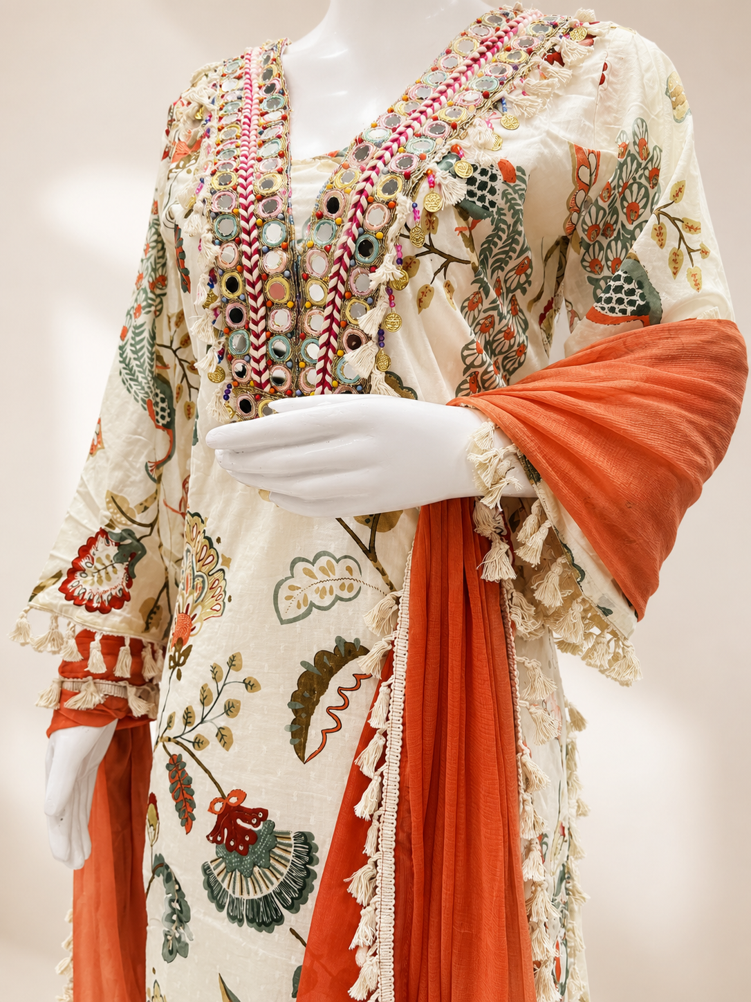 Elegant Ivory Printed Kurta Palazzo Set with Embroidered Neck & Dupatta - Image 6