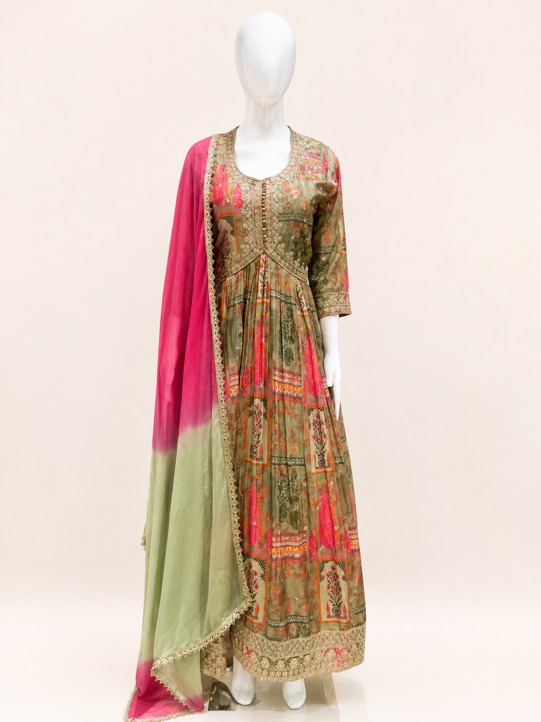 Women's Sage Green & Pink Designer Printed Anarkali Suit Set with Dupatta - Image 2