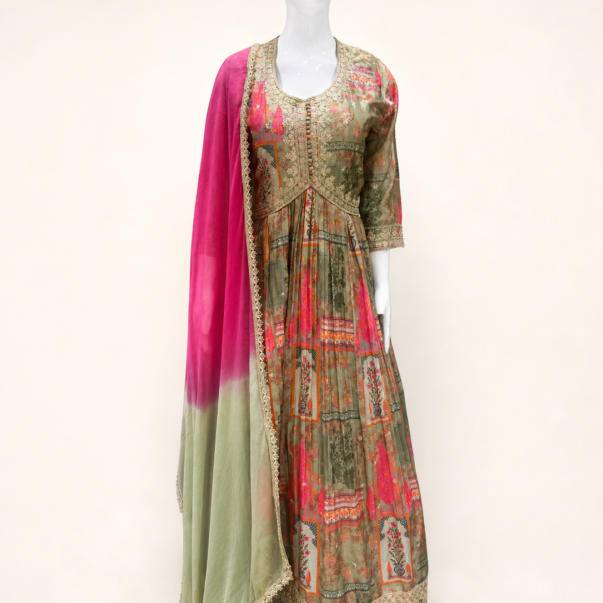 Women's Sage Green & Pink Designer Printed Anarkali Suit Set with Dupatta
