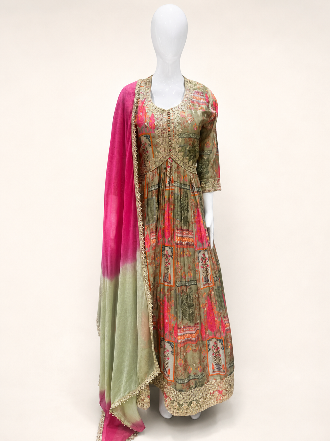 Women's Sage Green & Pink Designer Printed Anarkali Suit Set with Dupatta