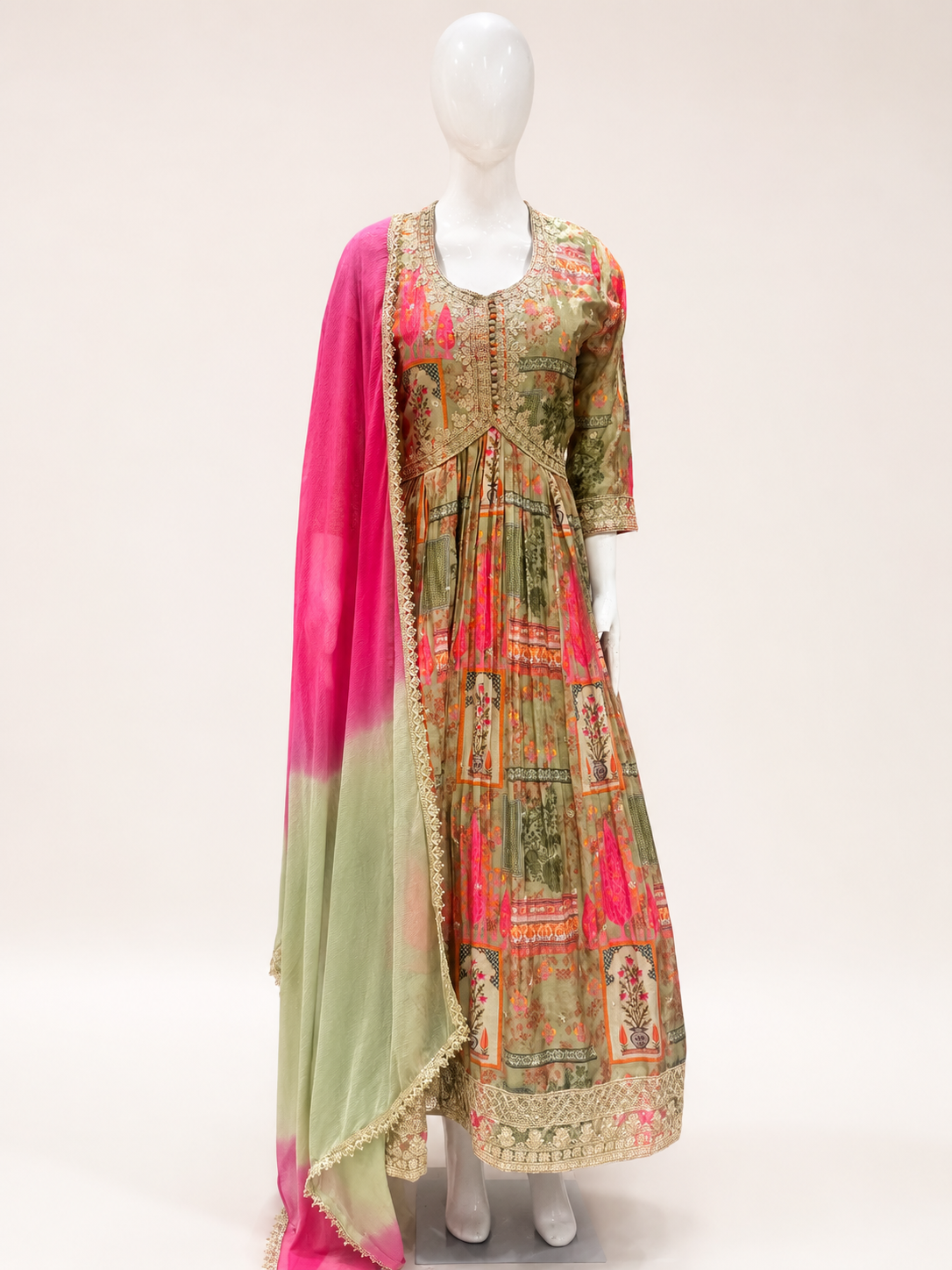 Women's Sage Green & Pink Designer Printed Anarkali Suit Set with Dupatta - Image 5