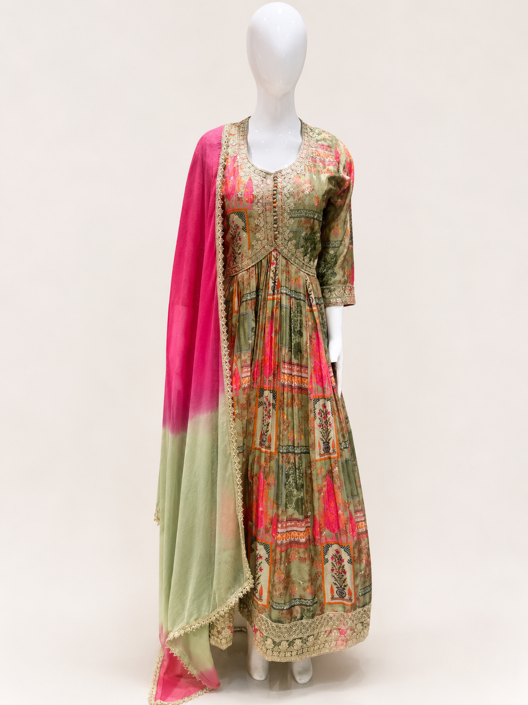Women's Sage Green & Pink Designer Printed Anarkali Suit Set with Dupatta - Image 6