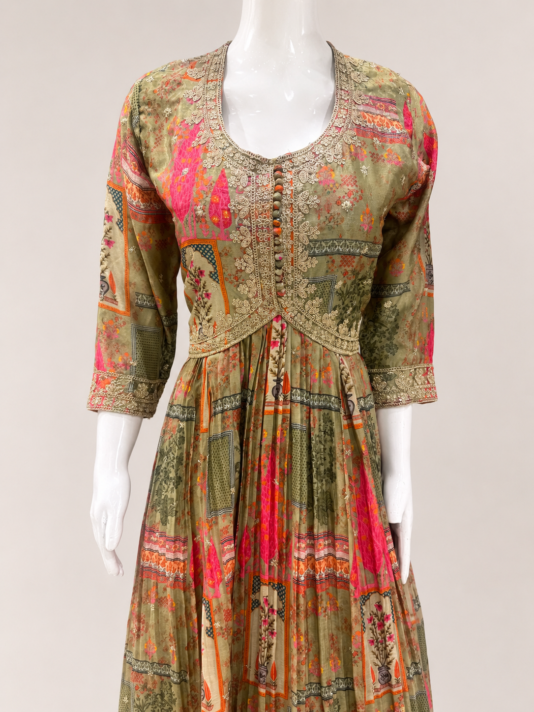 Women's Sage Green & Pink Designer Printed Anarkali Suit Set with Dupatta - Image 4