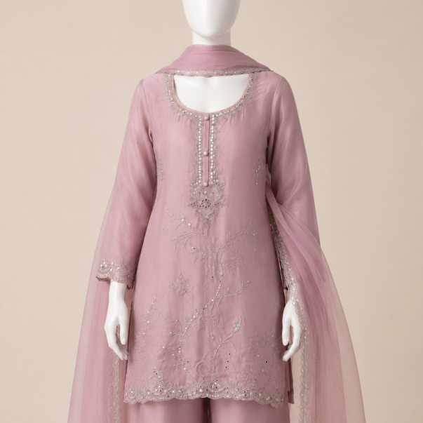 Blush Pink Embroidered Kurta Palazzo Set with Organza Dupatta