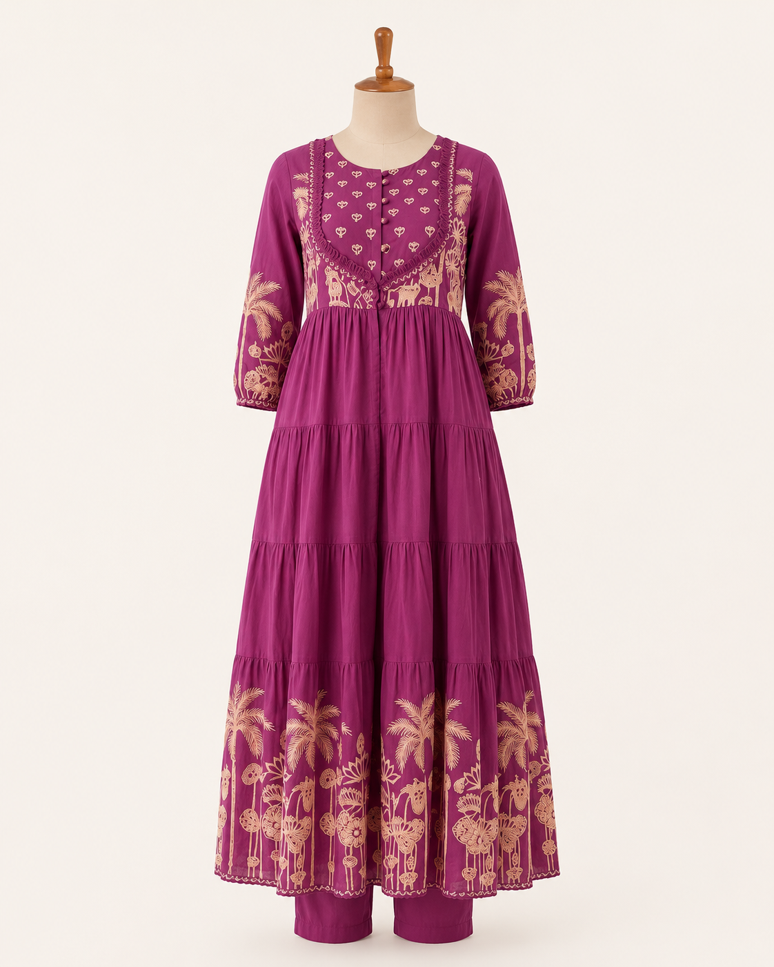 Magenta Embroidered Tiered Kurta Set - Image 2