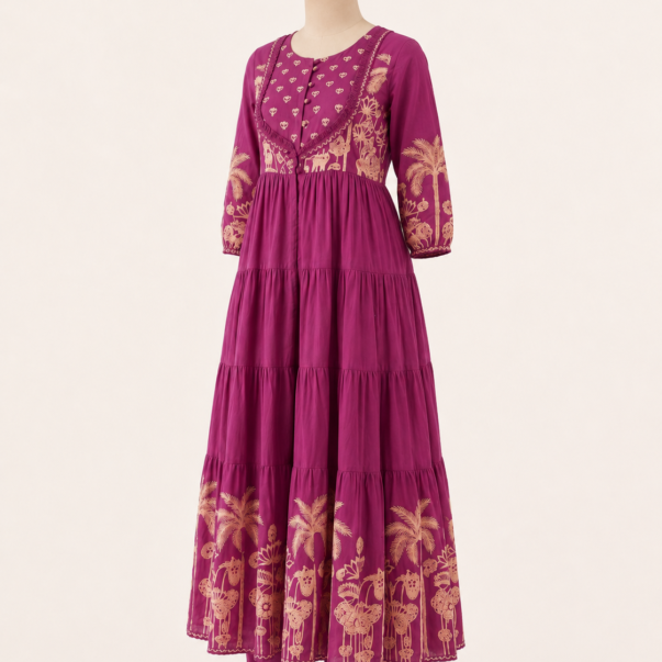Magenta Embroidered Tiered Kurta Set