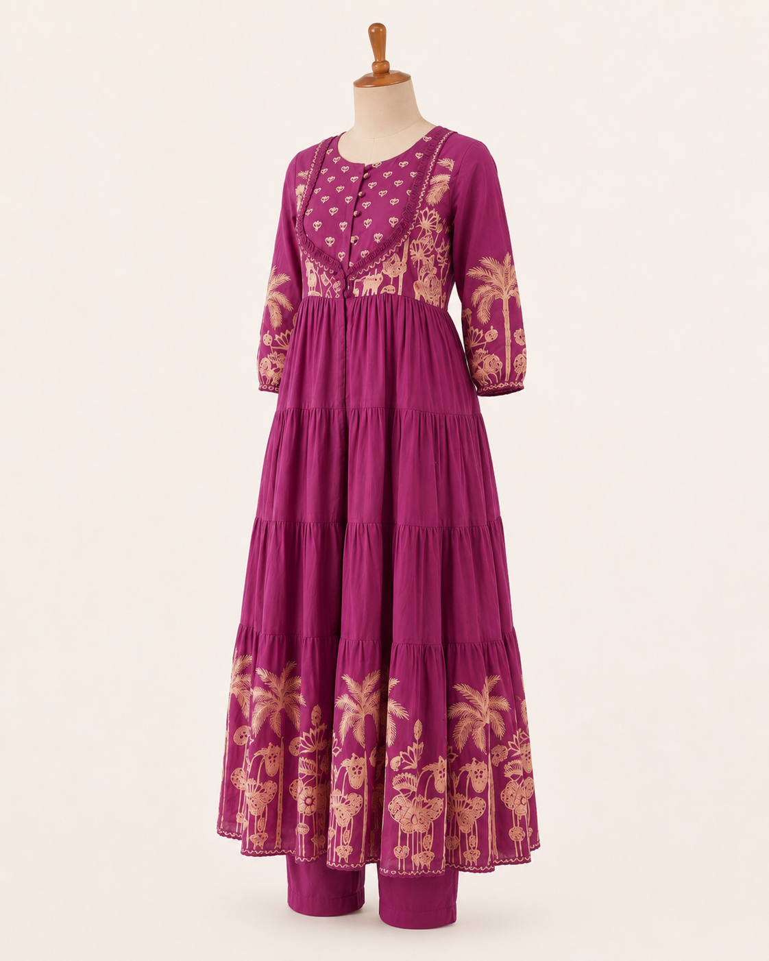 Magenta Embroidered Tiered Kurta Set