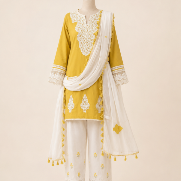 Mustard Yellow Embroidered Kurta Palazzo Set with Dupatta