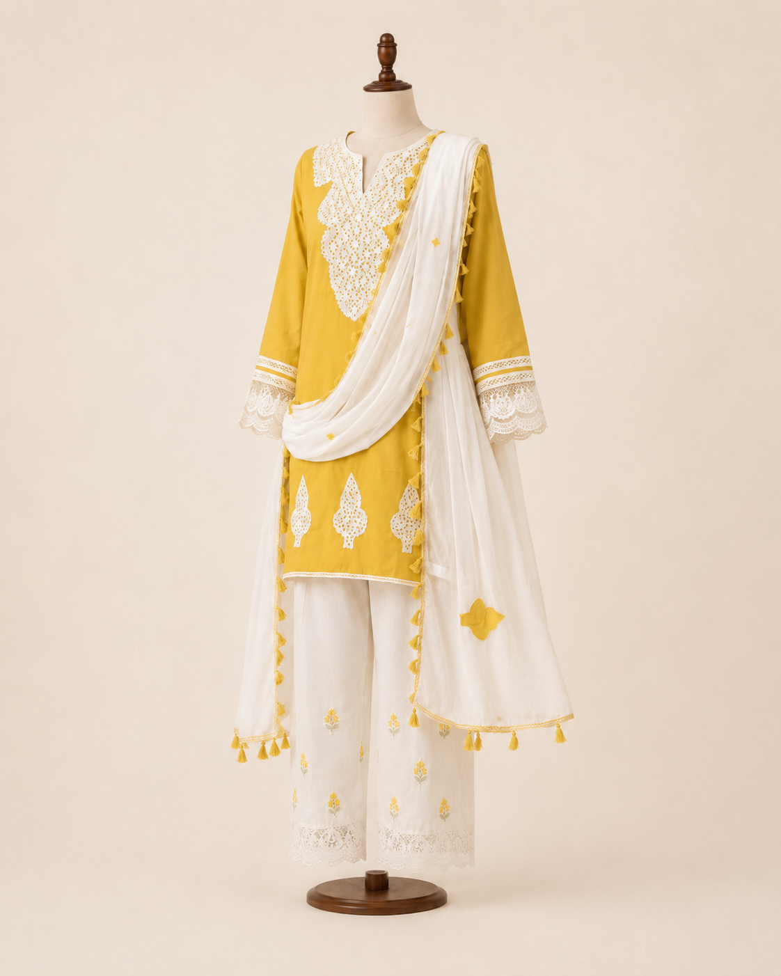 Mustard Yellow Embroidered Kurta Palazzo Set with Dupatta - Image 3