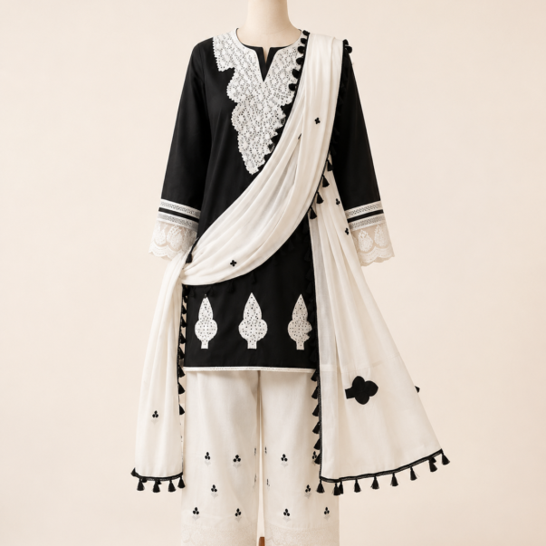 Black & White Embroidered Kurta Palazzo Set with Dupatta