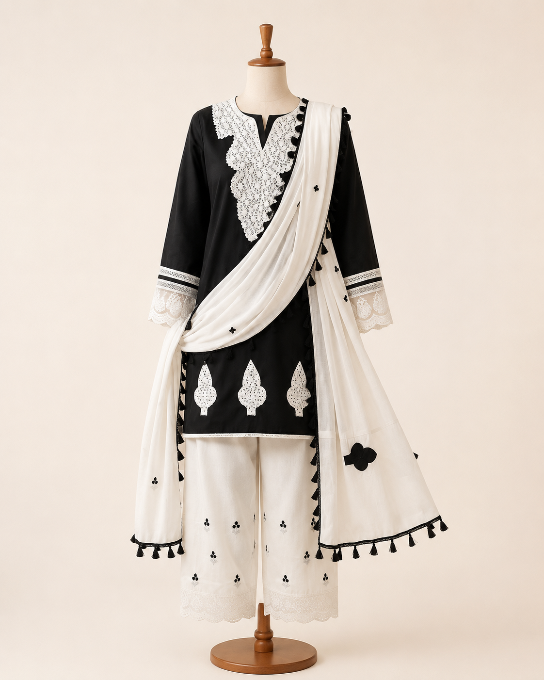 Black & White Embroidered Kurta Palazzo Set with Dupatta
