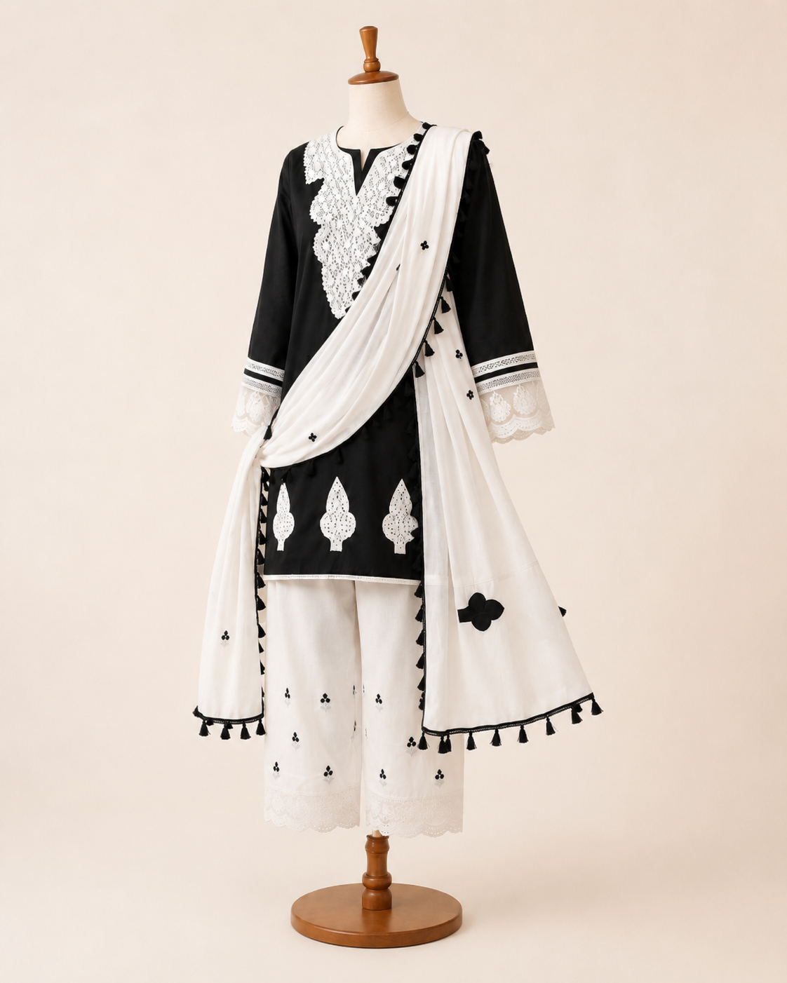 Black & White Embroidered Kurta Palazzo Set with Dupatta - Image 3