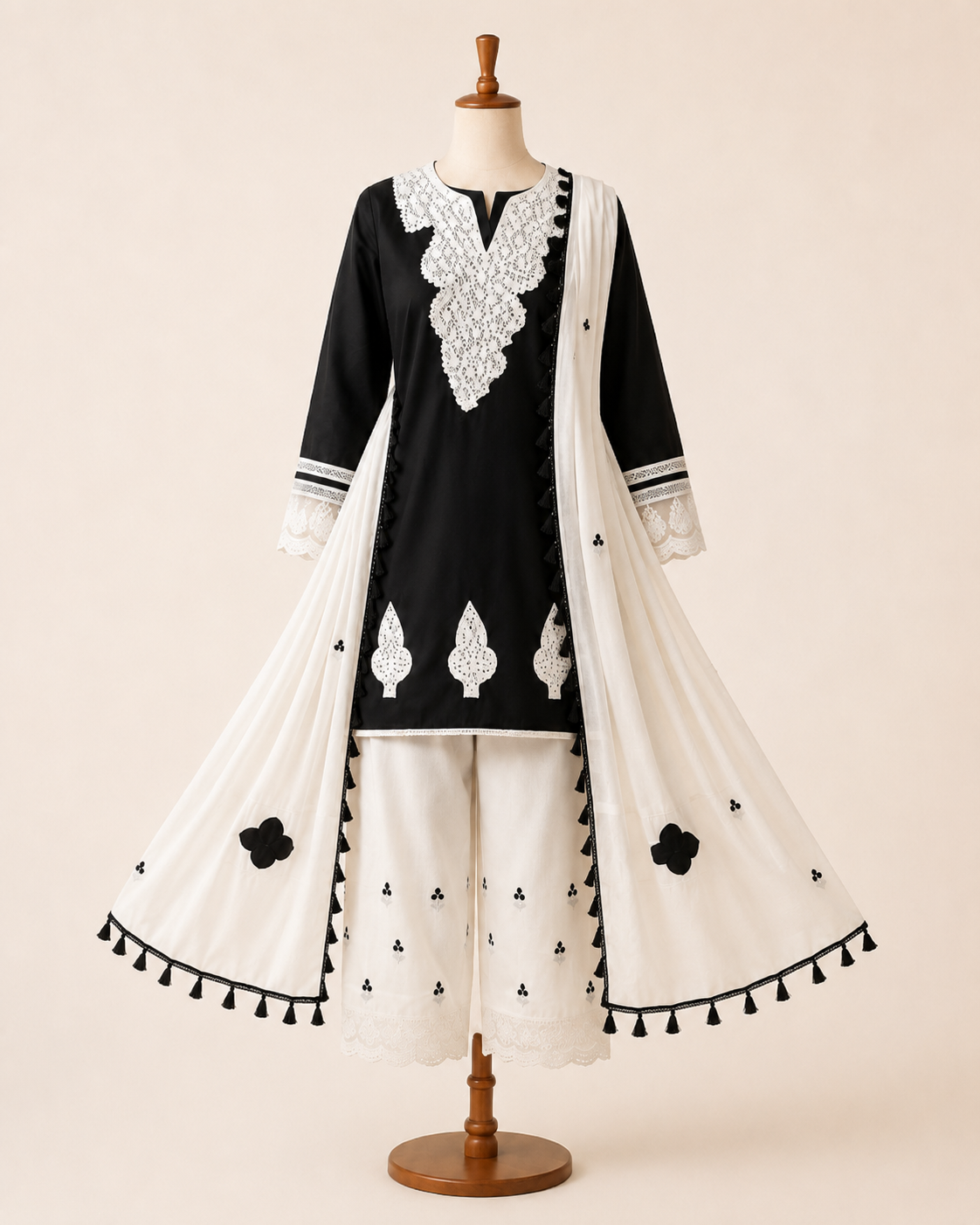 Black & White Embroidered Kurta Palazzo Set with Dupatta - Image 6