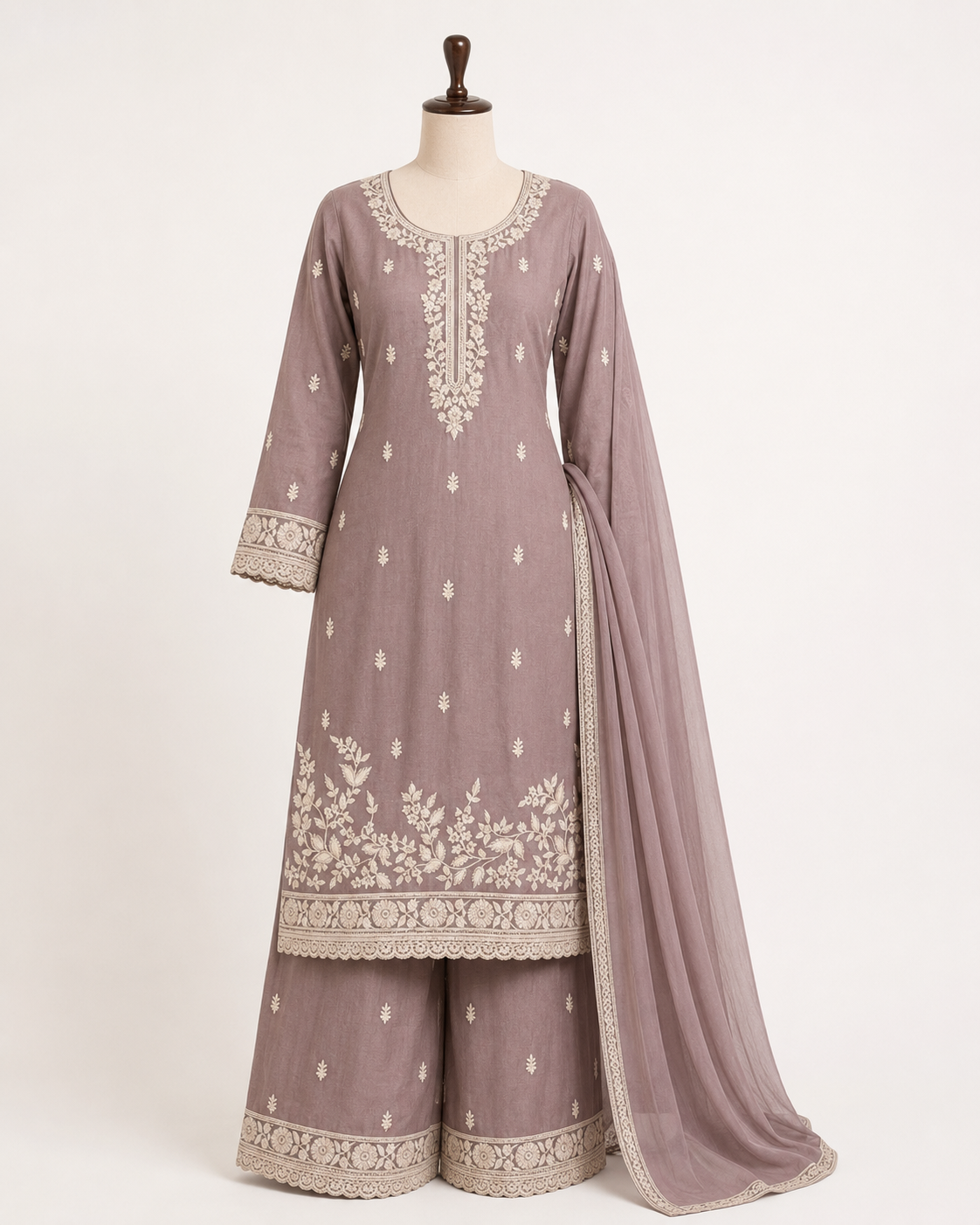 Mauve Embroidered Kurta Palazzo Set with Dupatta - Image 2