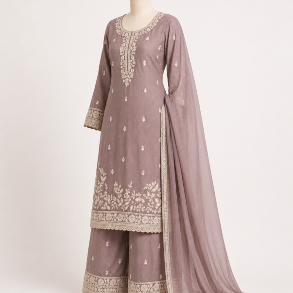 Mauve Embroidered Kurta Palazzo Set with Dupatta