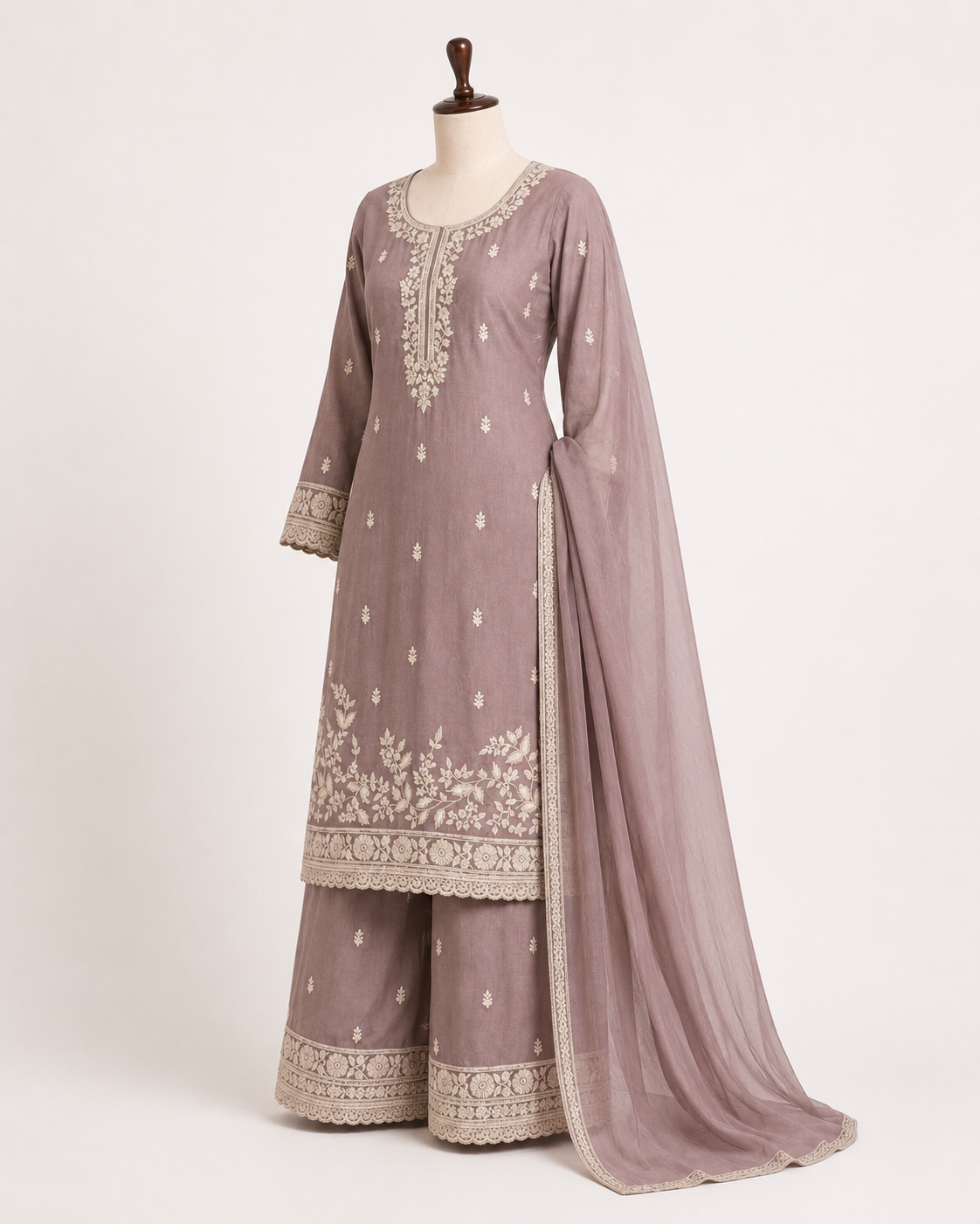 Mauve Embroidered Kurta Palazzo Set with Dupatta