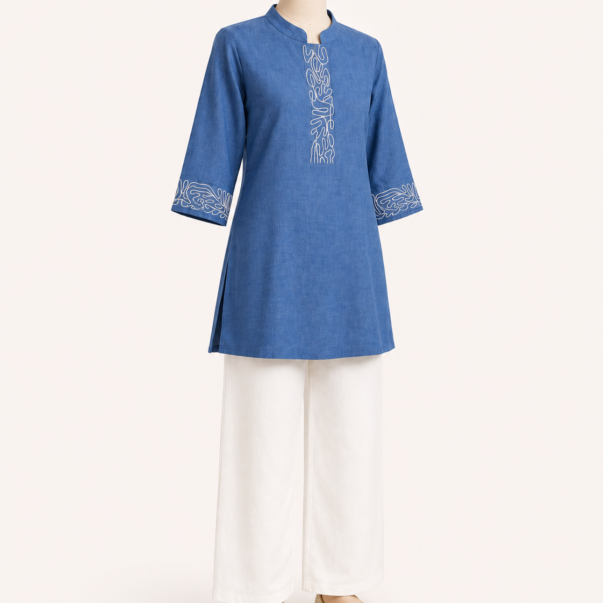 Sky Blue Embroidered Cotton Co-Ord Set