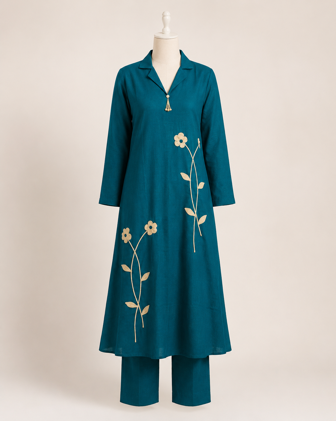 Teal Blue Floral Embroidered Cotton Kurta Pant Set - Image 2
