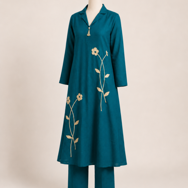 Teal Blue Floral Embroidered Cotton Kurta Pant Set
