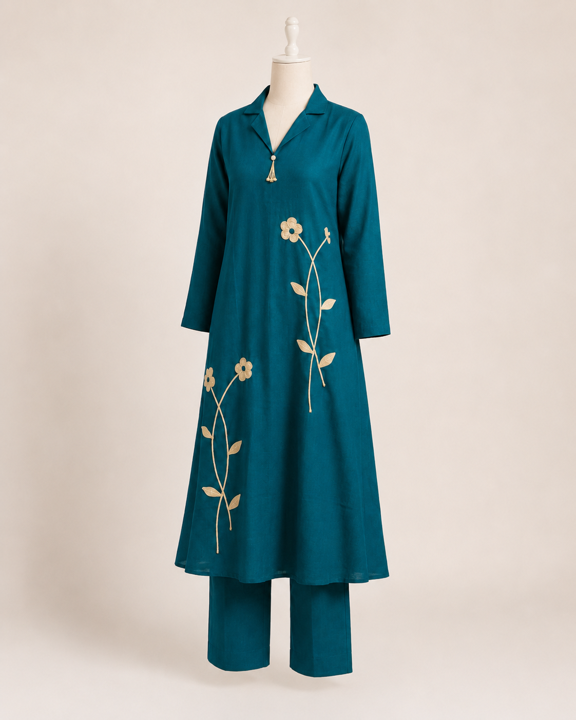 Teal Blue Floral Embroidered Cotton Kurta Pant Set