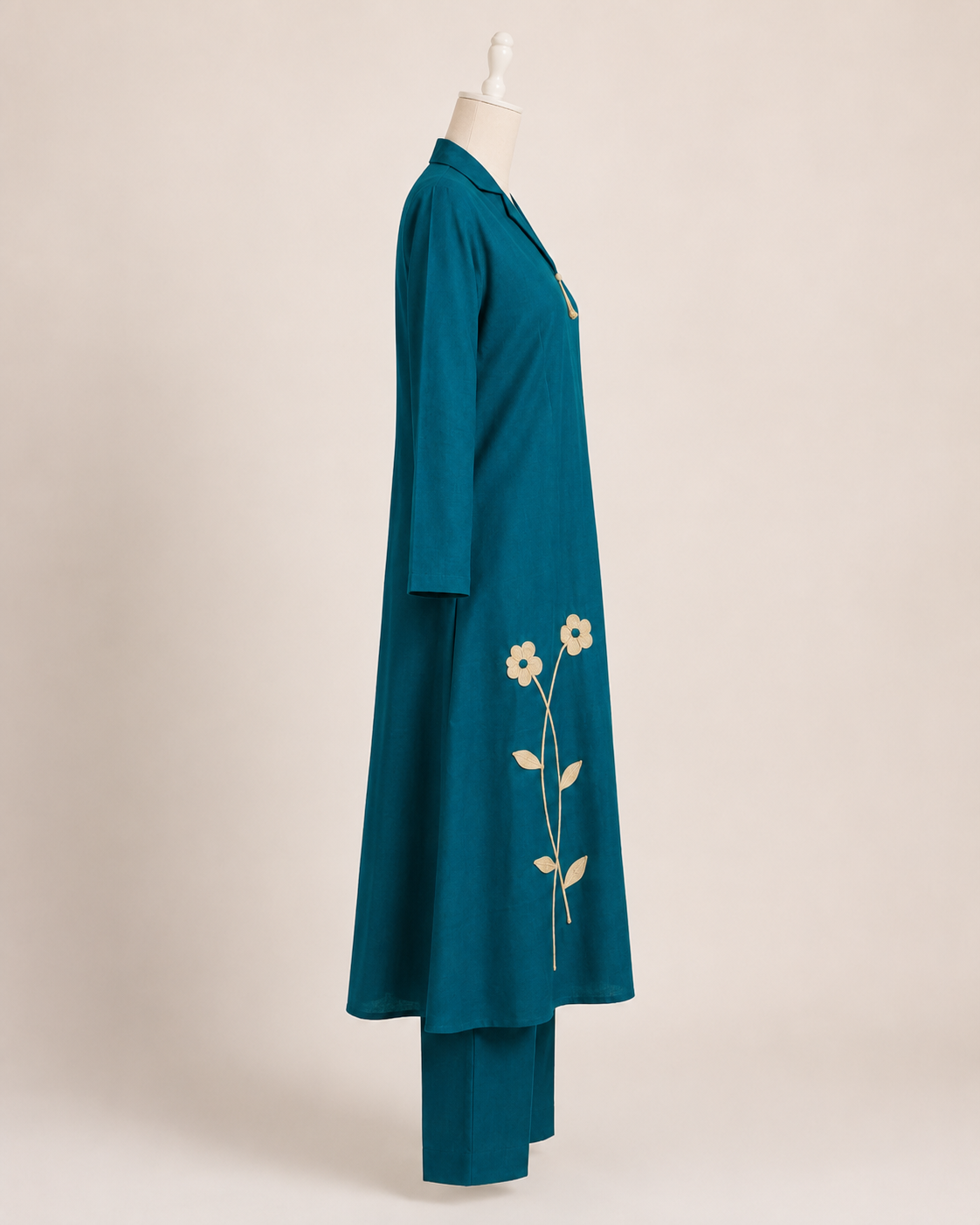 Teal Blue Floral Embroidered Cotton Kurta Pant Set - Image 4