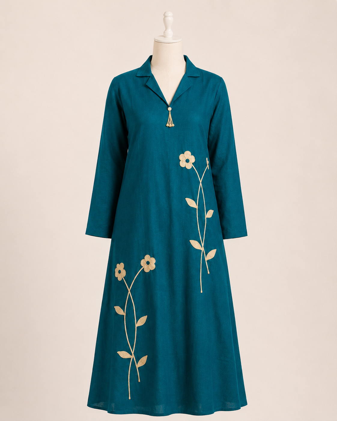Teal Blue Floral Embroidered Cotton Kurta Pant Set - Image 6