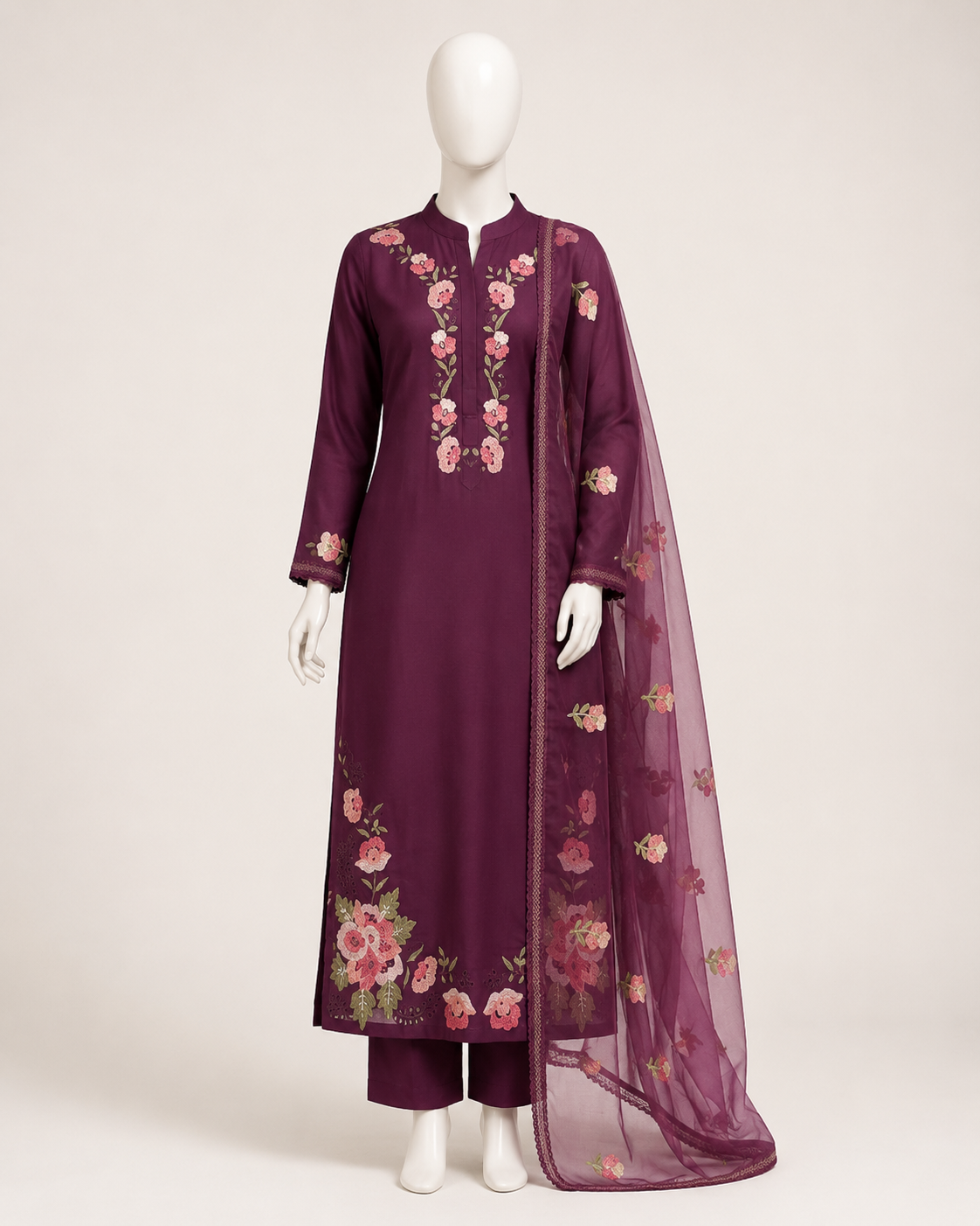 Wine Floral Embroidered Kurta Pant Set with Organza Dupatta - Image 2