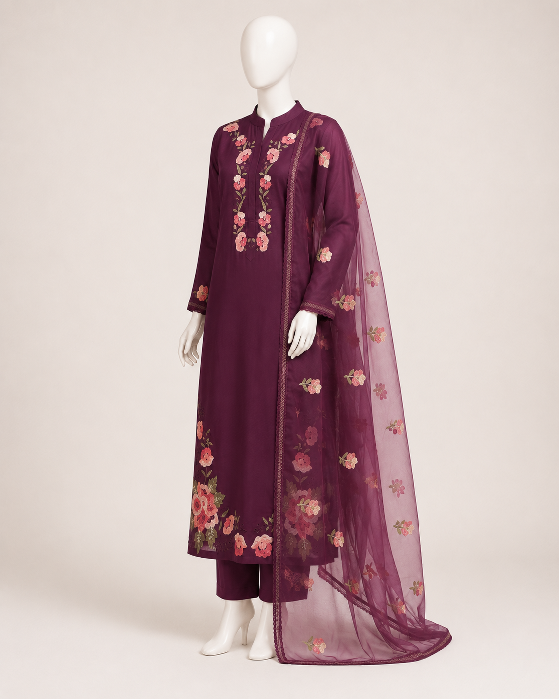 Wine Floral Embroidered Kurta Pant Set with Organza Dupatta - Image 3