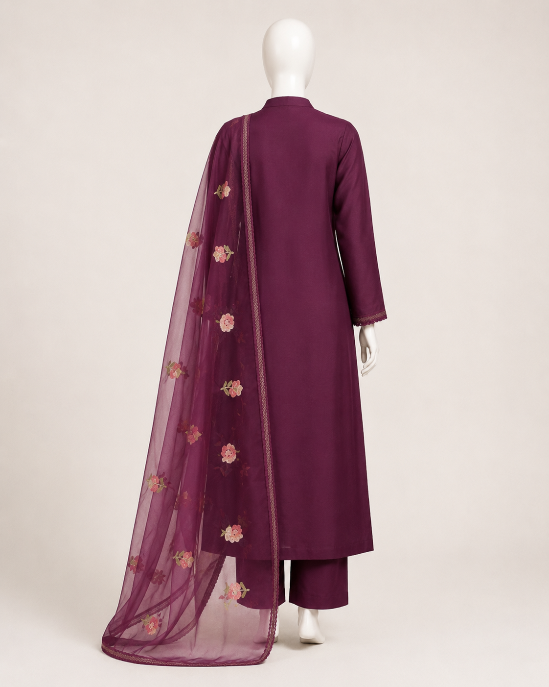 Wine Floral Embroidered Kurta Pant Set with Organza Dupatta - Image 4