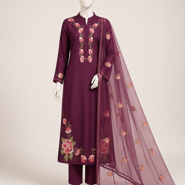 Wine Floral Embroidered Kurta Pant Set with Organza Dupatta