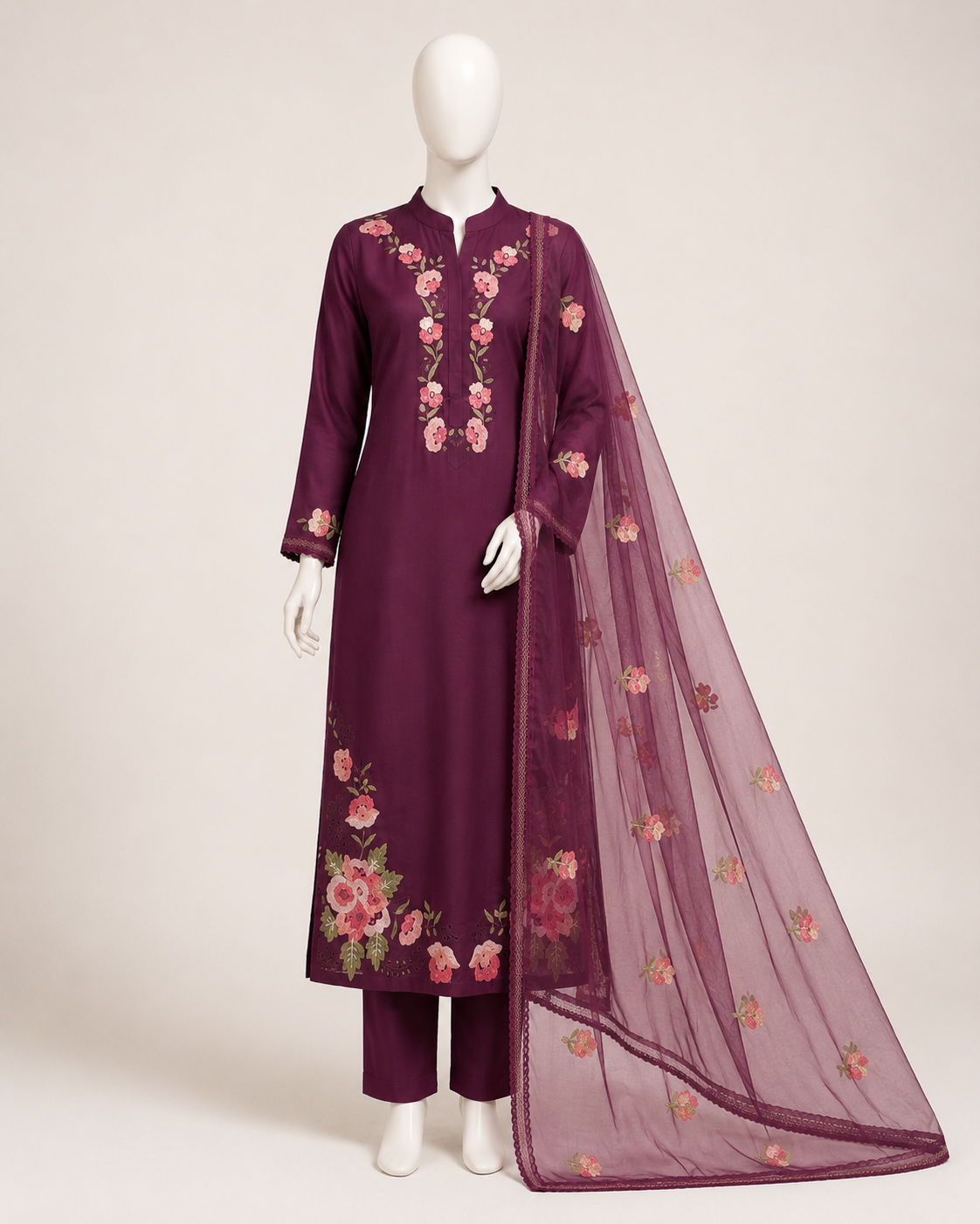 Wine Floral Embroidered Kurta Pant Set with Organza Dupatta