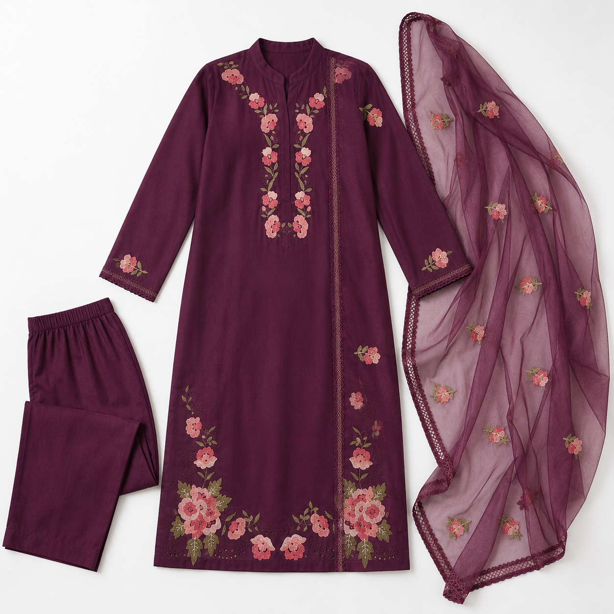 Wine Floral Embroidered Kurta Pant Set with Organza Dupatta - Image 6