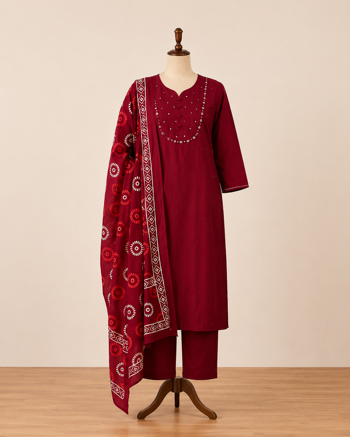 Maroon Embellished Kurta Pant Set with Printed Dupatta - Image 2