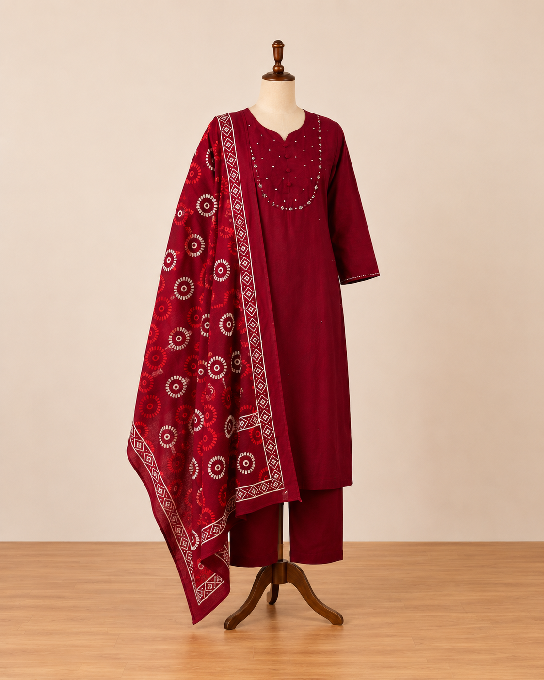 Maroon Embellished Kurta Pant Set with Printed Dupatta - Image 3