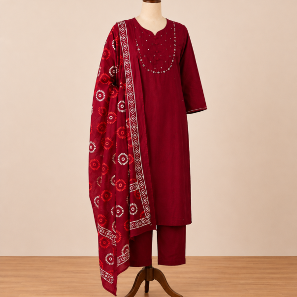 Maroon Embellished Kurta Pant Set with Printed Dupatta