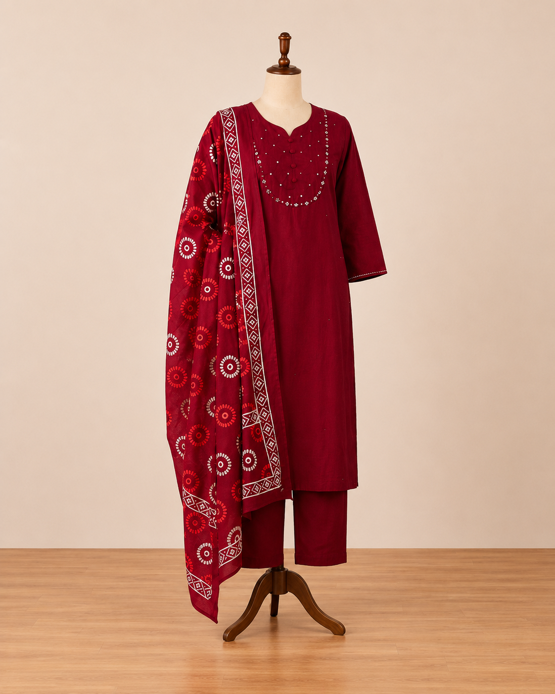 Maroon Embellished Kurta Pant Set with Printed Dupatta